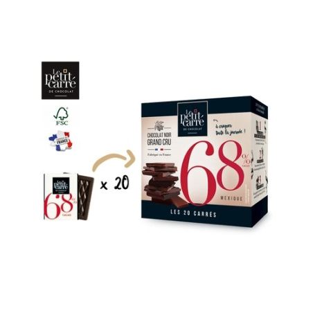 Boîte de 20 carrés 5g de chocolat noir 68% de cacao origine Mexique